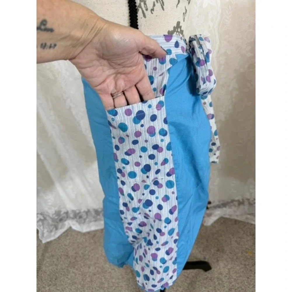 Vintage 1950's Handmade Blue Polka Dot Half Apron with Pockets and Rickrack Trim